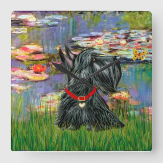 Scottish Terrier in Monet's Lilies Square Wall Clock