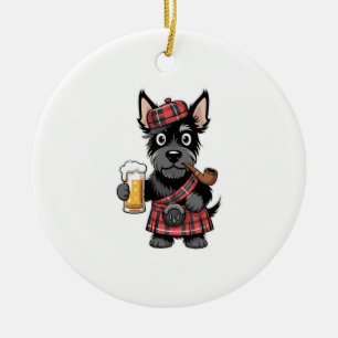 Scottish Terrier in Tartan Kilt with Beer and Pipe Ceramic Tree Decoration