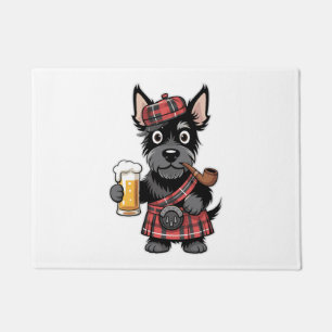 Scottish Terrier in Tartan Kilt with Beer and Pipe Doormat