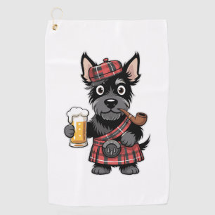 Scottish Terrier in Tartan Kilt with Beer and Pipe Golf Towel