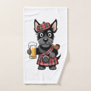 Scottish Terrier in Tartan Kilt with Beer and Pipe Hand Towel