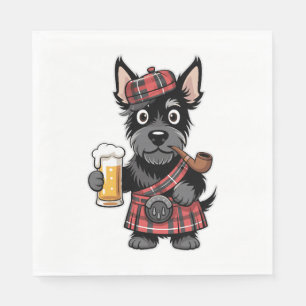 Scottish Terrier in Tartan Kilt with Beer and Pipe Napkin