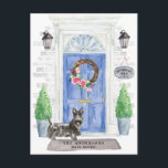 Scottish Terrier Moving Announcement Postcard<br><div class="desc">Announce your new address with our stylish announcement featuring a Scottish Terrier,  blue front door,  welcome mat,  slate sign,  topiaries and a floral wreath set on a grey brick background.</div>