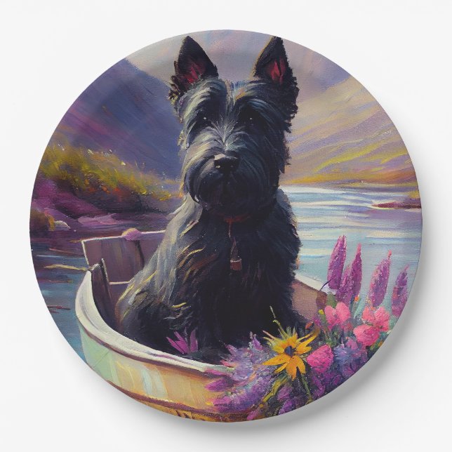 Scottish Terrier on a Paddle: A Scenic Adventure Paper Plate (Front)