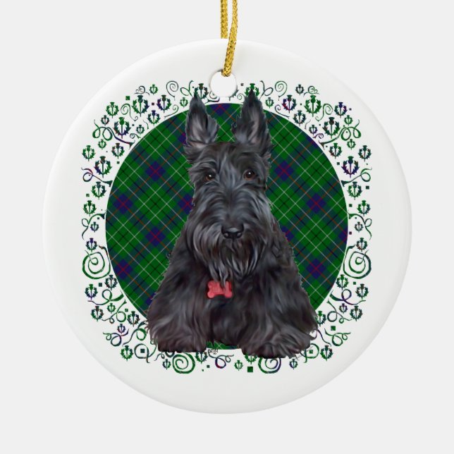 Scottish Terrier on Tartan Ceramic Tree Decoration (Front)