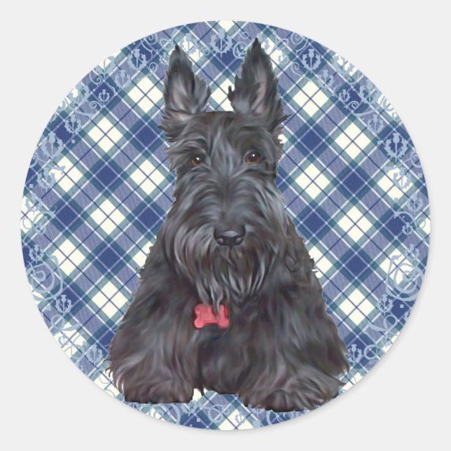 Scottish Terrier on Tartan Classic Round Sticker (Front)