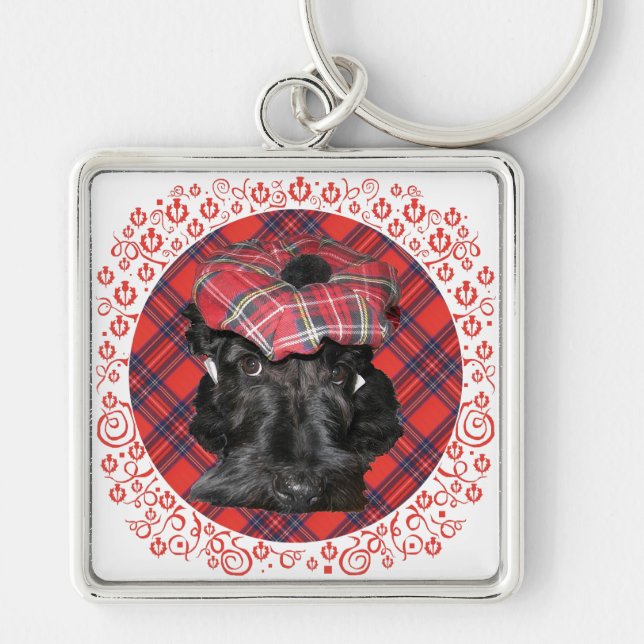 Scottish Terrier on Tartan Key Ring (Front)
