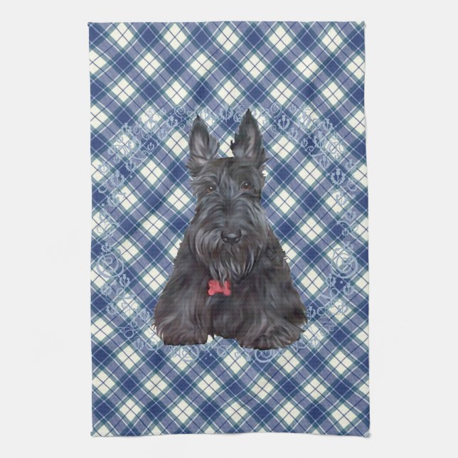 Scottish Terrier on Tartan Tea Towel (Vertical)