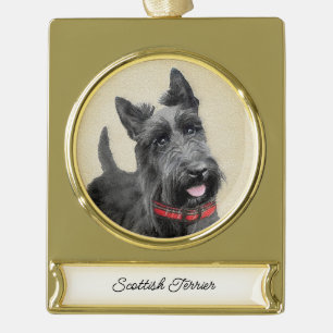 Scottish Terrier Painting - Cute Original Dog Art Gold Plated Banner Ornament