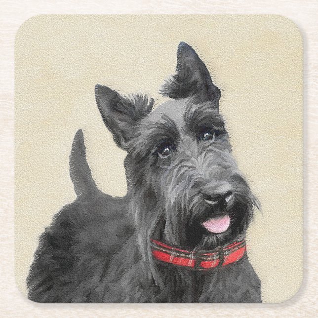 Scottish Terrier Painting - Cute Original Dog Art Square Paper Coaster (Front)