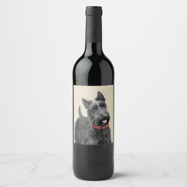 Scottish Terrier Painting - Cute Original Dog Art Wine Label (Front)