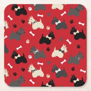 Scottish Terrier Paws and Bones Red Square Paper Coaster
