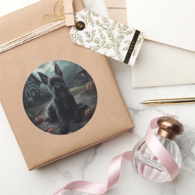 Scottish Terrier Pumpkins Halloween Scary Classic Round Sticker (Gifting)