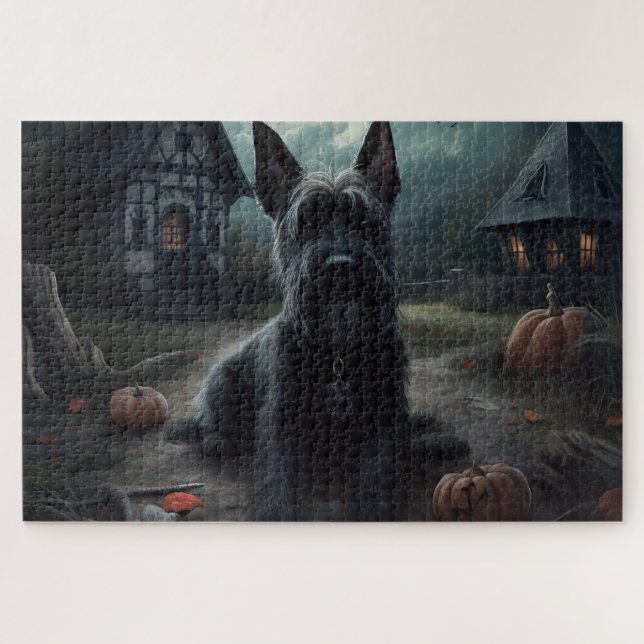Scottish Terrier Pumpkins Halloween Scary Jigsaw Puzzle (Horizontal)