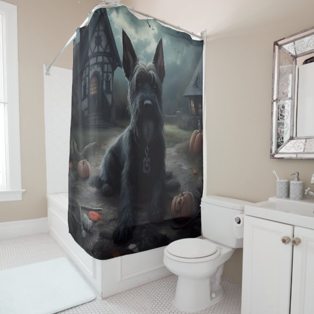 Scottish Terrier Pumpkins Halloween Scary Shower Curtain (In Situ)