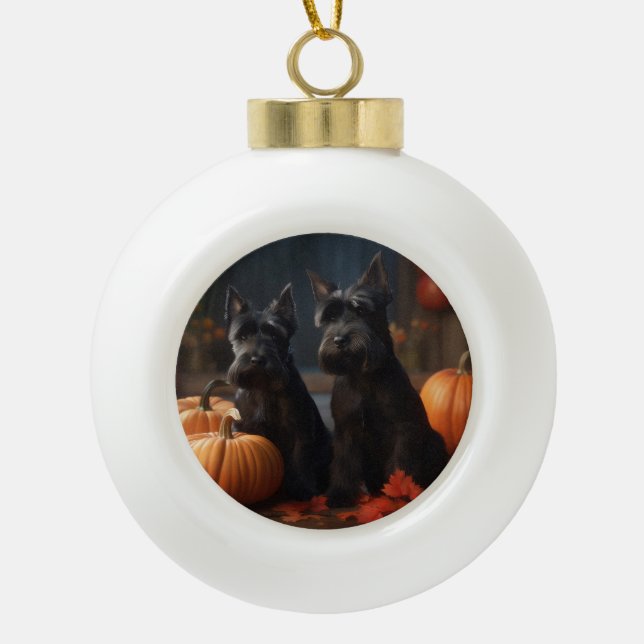 Scottish Terrier Puppy Autumn Delight Pumpkin Ceramic Ball Christmas Ornament (Front)