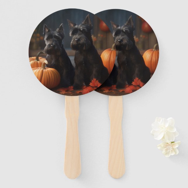 Scottish Terrier Puppy Autumn Delight Pumpkin Hand Fan (Front and Back)