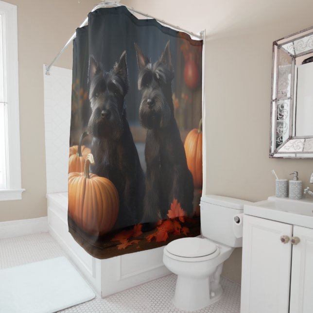 Scottish Terrier Puppy Autumn Delight Pumpkin Shower Curtain (In Situ)