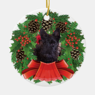 Scottish Terrier Puppy Christmas Holiday Wreath Ceramic Tree Decoration