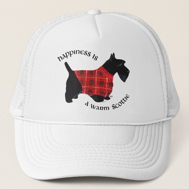 Scottish Terrier Red & Black Plaid Sweater Trucker Hat (Front)