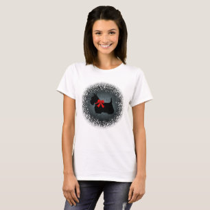 Scottish Terrier red bow, silhouette, snow, silver T-Shirt