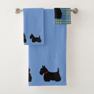 Scottish Terrier/red collar/blue - blue plaid Bath Towel Set