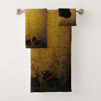 Scottish Terrier, red collar, granite gold Bath Towel Set