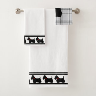 Scottish Terrier/red collar/grey plaid/border Bath Towel Set