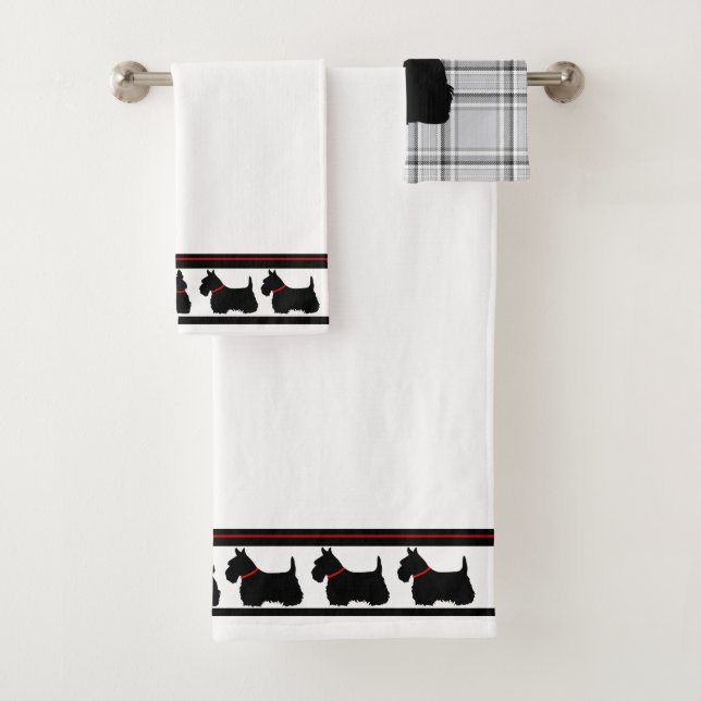 Scottish Terrier/red collar/grey plaid/border Bath Towel Set (Insitu)