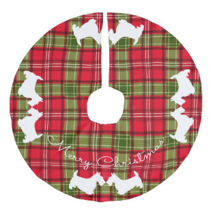 Scottish Terrier Red & Green Tartan Plaid Faux Linen Tree Skirt