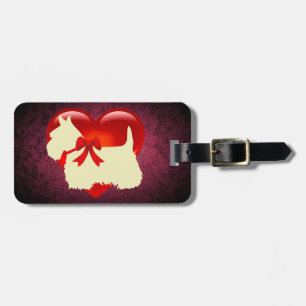 Scottish Terrier, red heart, bow, granite pink Luggage Tag