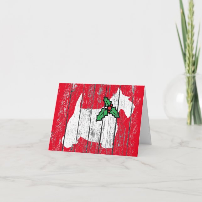 Scottish Terrier Repurposed Look Wood Holiday Card (Front)
