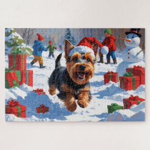 Scottish Terrier Running Snow with Christmas Hat Jigsaw Puzzle