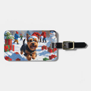 Scottish Terrier Running Snow with Christmas Hat Luggage Tag