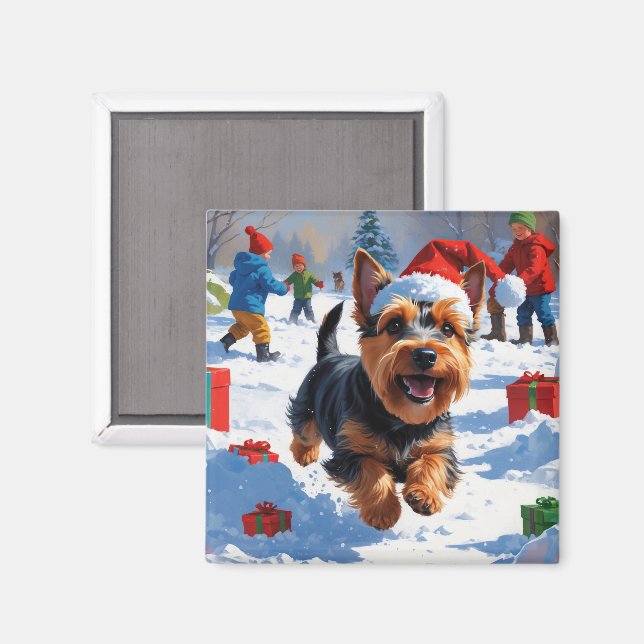 Scottish Terrier Running Snow with Christmas Hat Magnet (Front/Back)