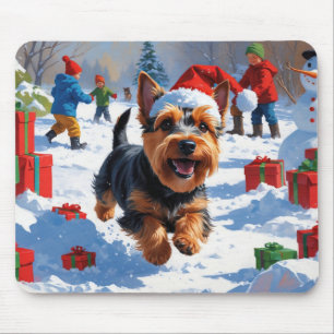 Scottish Terrier Running Snow with Christmas Hat Mouse Mat