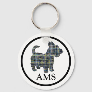 Scottish Terrier Scottie Dog Silhouette Y&B Grid Key Ring