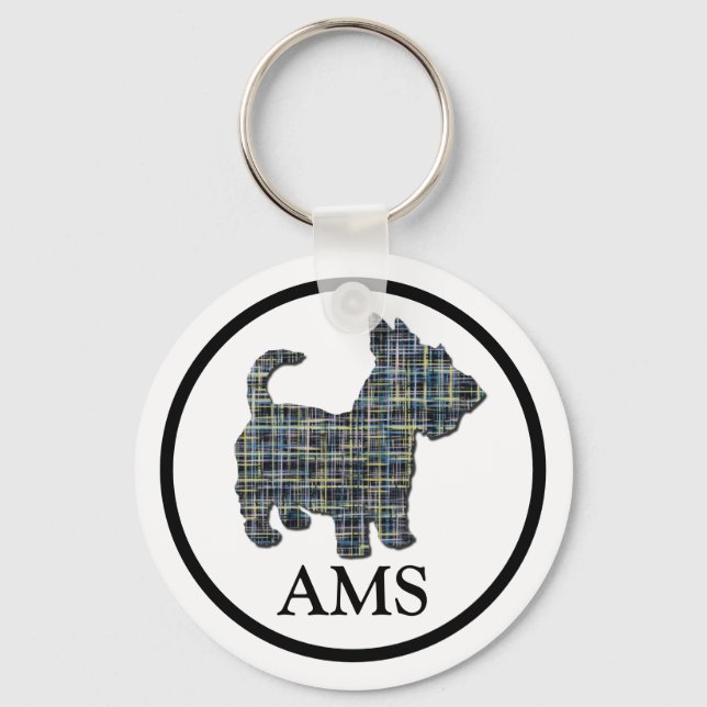 Scottish Terrier Scottie Dog Silhouette Y&B Grid Key Ring (Front)