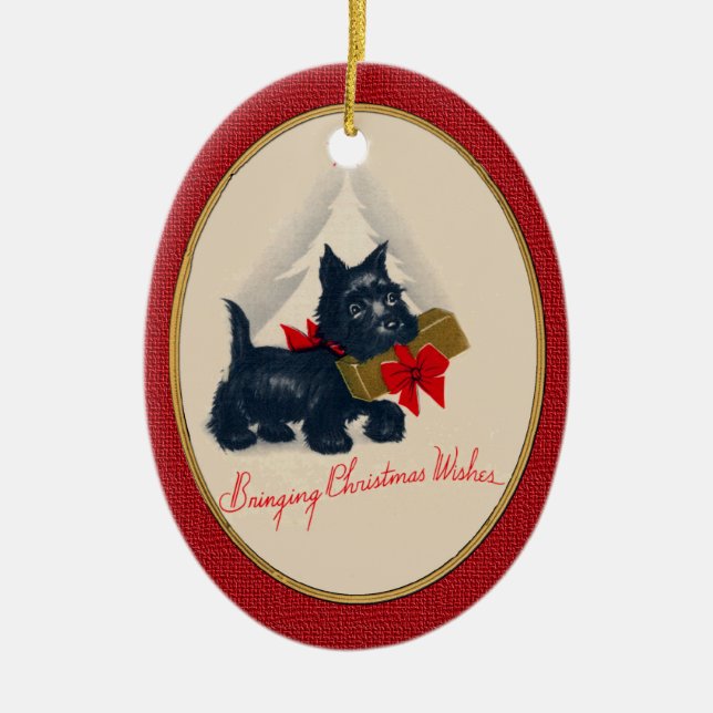 Scottish Terrier Scottie Dog with gift and tree Ceramic Tree Decoration (Front)