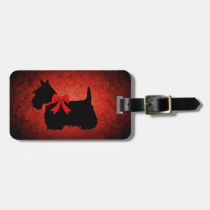 Scottish Terrier, silhouette, bow, granite red Luggage Tag