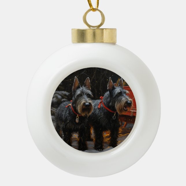 Scottish Terrier Snowy Sleigh Christmas Decor  Ceramic Ball Christmas Ornament (Front)