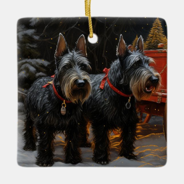 Scottish Terrier Snowy Sleigh Christmas Decor  Ceramic Ornament (Front)