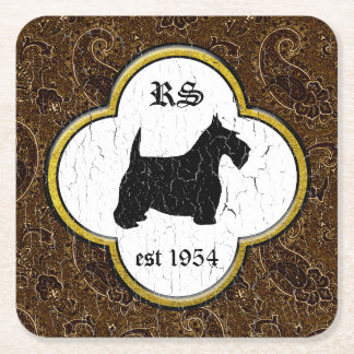 Scottish Terrier Vintage Paisley Personalise Square Paper Coaster