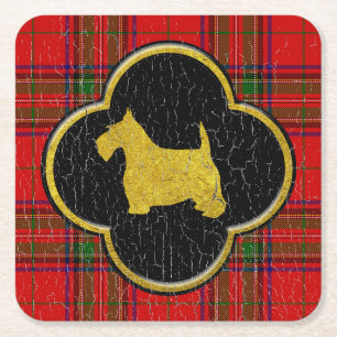 Scottish Terrier Vintage Plaid Square Paper Coaster
