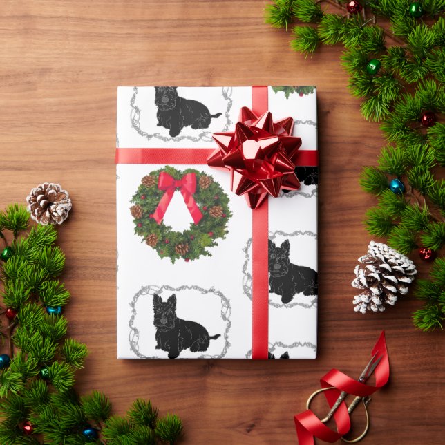 Scottish Terrier with Christmas Wreath  Wrapping Paper (Holiday Gift)
