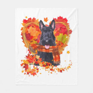 Scottish Terrier With Heart Made Of Autumn Leaves Fleece Blanket