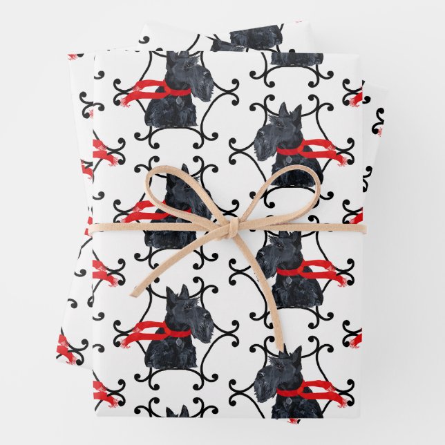 Scottish Terrier With Red Scarf Wrapping Paper Sheet (In situ)