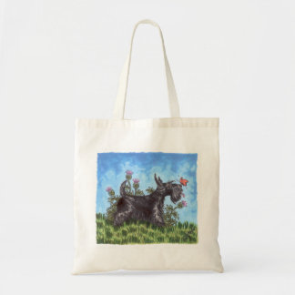Scottish terrier with thistles tote bag