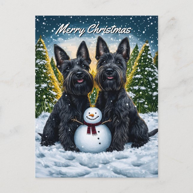 Scottish Terriers and Snowman Christmas Holiday Postcard (Front)