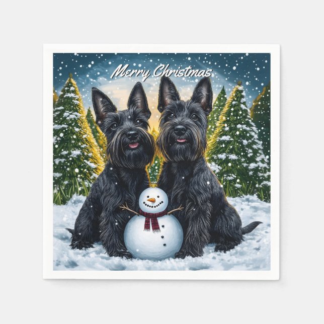 Scottish Terriers and Snowman Christmas Napkin (Front)